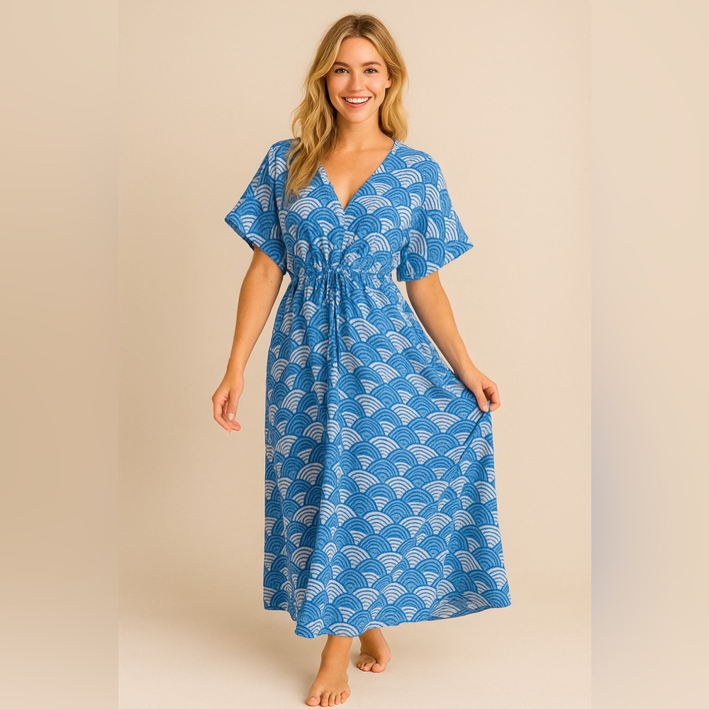 💙 PAX PHILOMENA 💙 Blue & White Printed Kaftan Maxi Dress One Size‎ 🌊